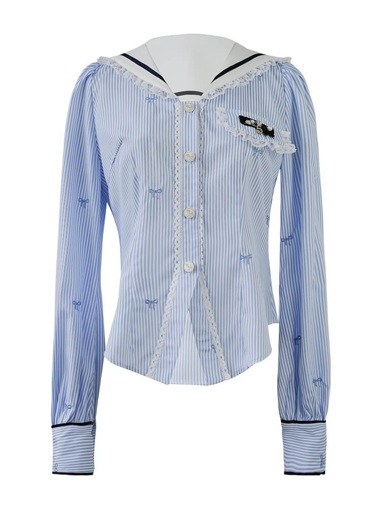 Lace Ribbon Sailor Stripe Blouse