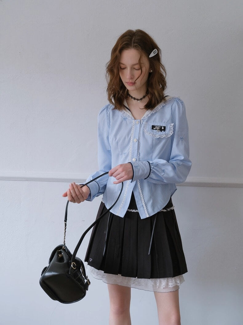 Lace Ribbon Sailor Stripe Blouse