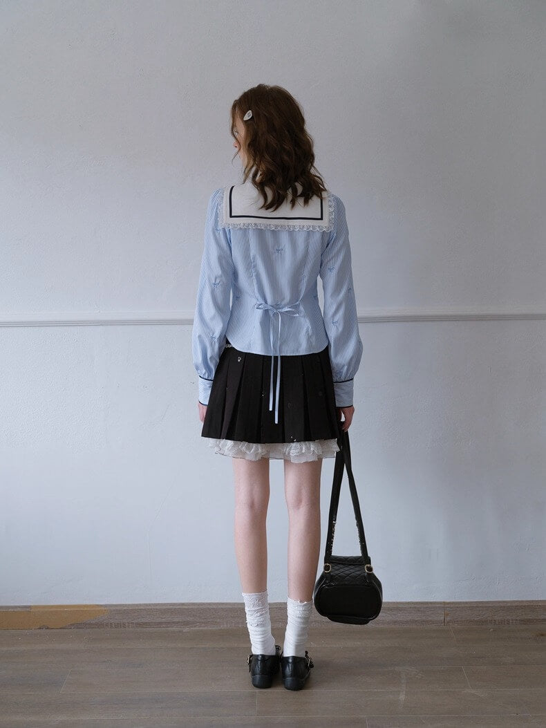 Lace Ribbon Sailor Stripe Blouse