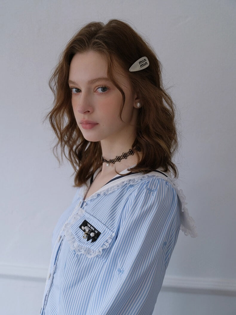 Lace Ribbon Sailor Stripe Blouse