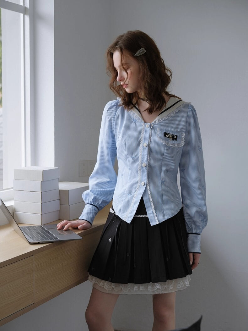 Lace Ribbon Sailor Stripe Blouse