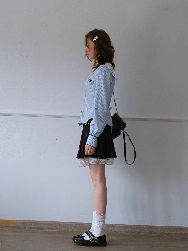 Lace Ribbon Sailor Stripe Blouse