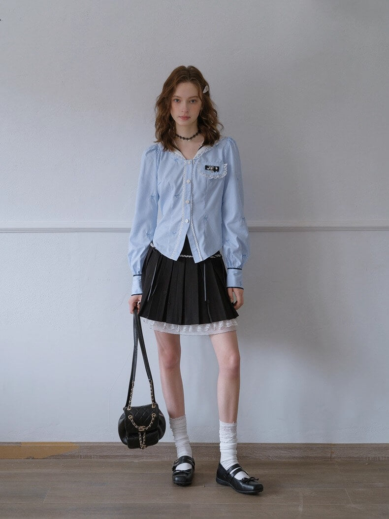 Lace Ribbon Sailor Stripe Blouse