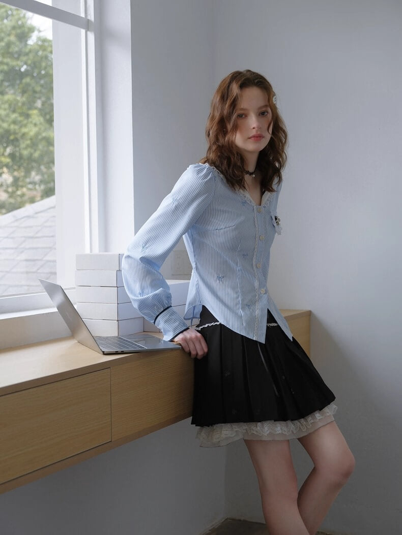 Lace Ribbon Sailor Stripe Blouse