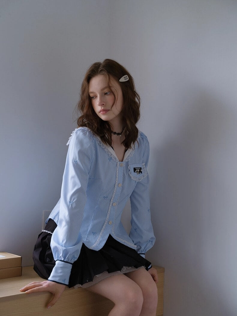 Lace Ribbon Sailor Stripe Blouse