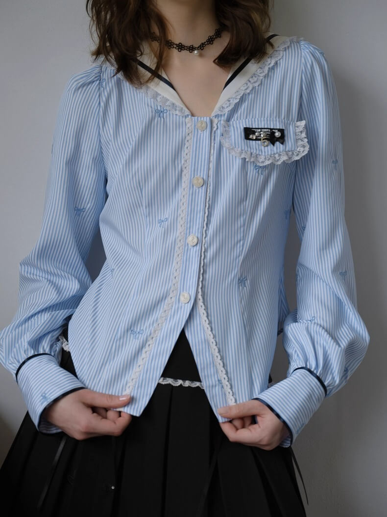 Lace Ribbon Sailor Stripe Blouse