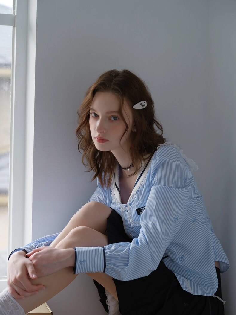 Lace Ribbon Sailor Stripe Blouse