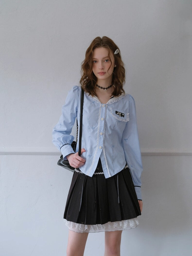 Lace Ribbon Sailor Stripe Blouse