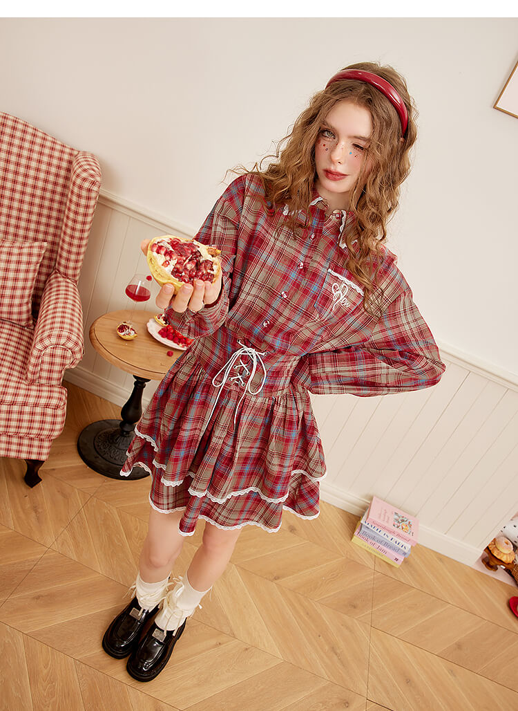 Lace-Up Plaid Tiered Dress