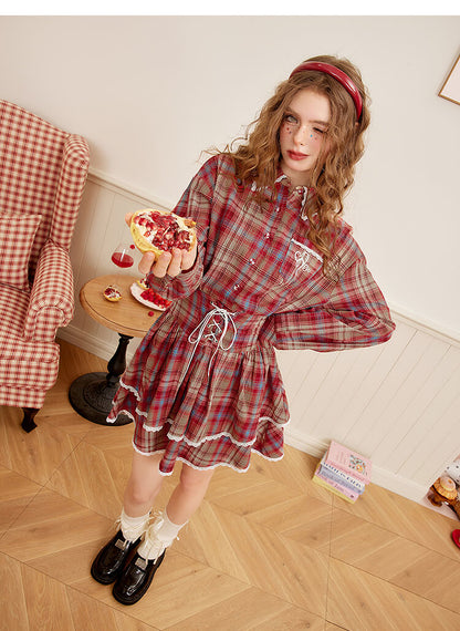 Lace-Up Plaid Tiered Dress
