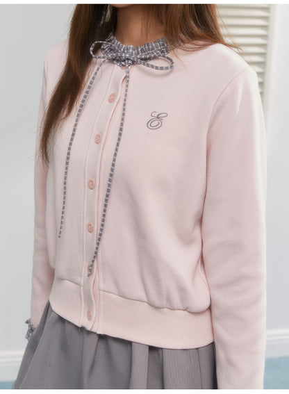 Gingham Ribbon Collar Knit Cardigan（全2色）