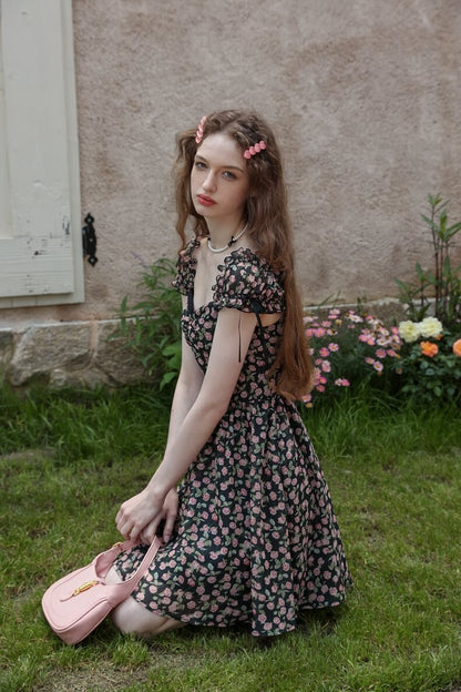 Classical Rose Puff Sleeve Black Dress