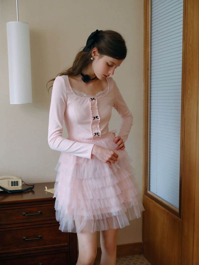 Elegant Lace Trim Ribbon Tulle Dress