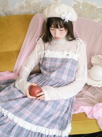 Creamy Checked Double Frill Dress