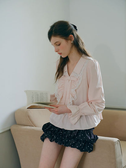 Romantic Lace Frill Tie Blouse