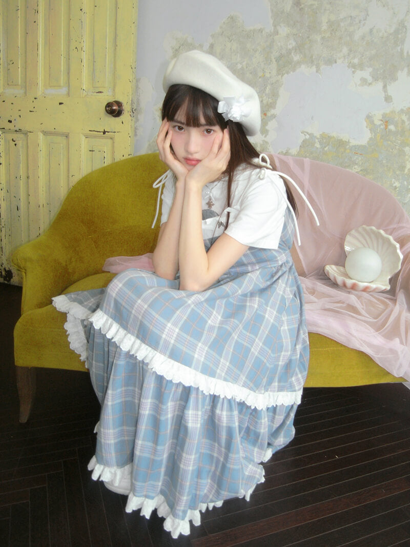 Creamy Checked Double Frill Dress