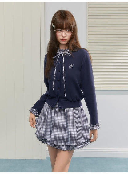 Gingham Ribbon Collar Knit Cardigan（全2色）