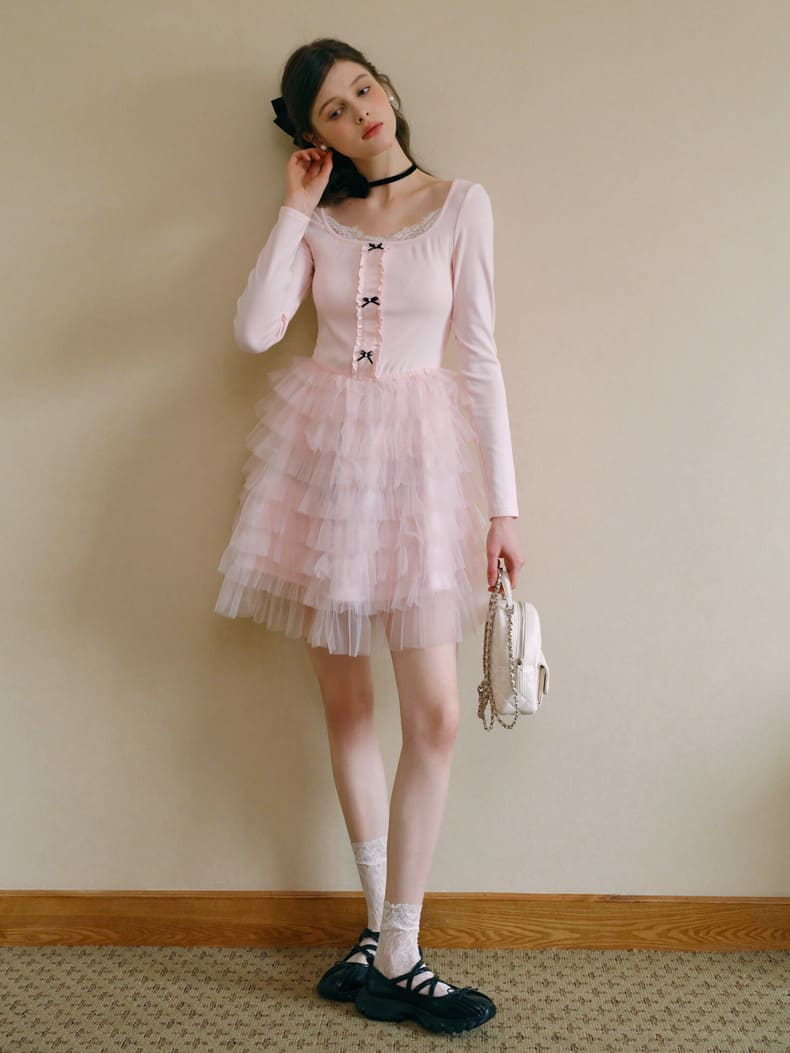 Elegant Lace Trim Ribbon Tulle Dress