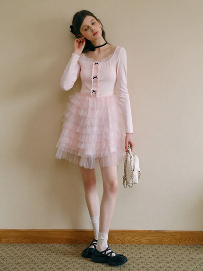 Elegant Lace Trim Ribbon Tulle Dress