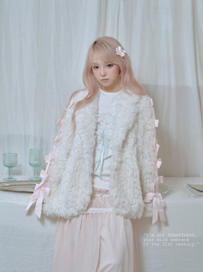 Romantic Ribbon Snowy Fur Coat