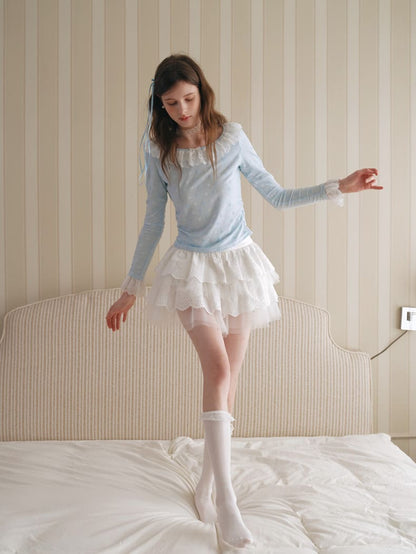 Powder Blue Heart Jacquard Frill Top