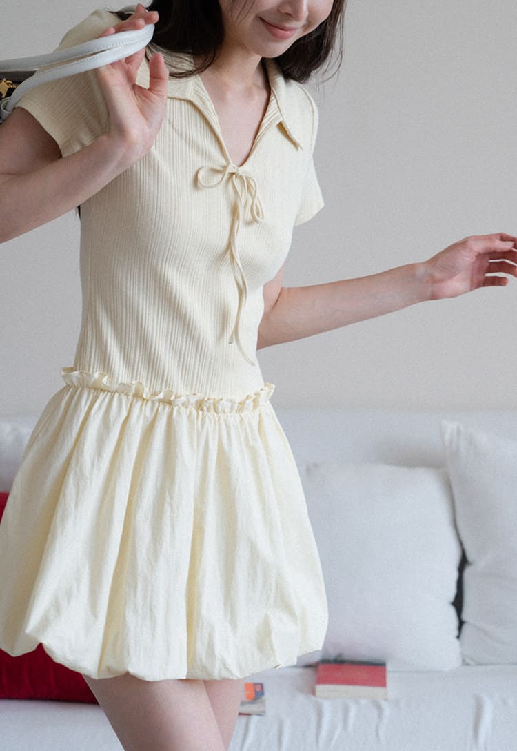 Charming Ribbed Top Balloon Skirt Dress