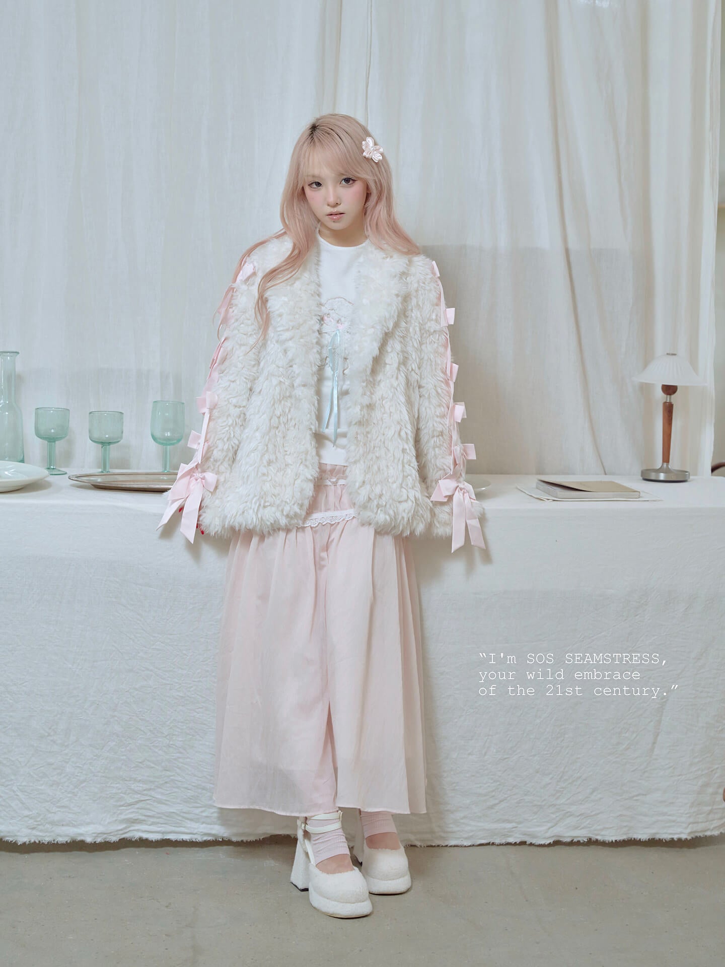 Romantic Ribbon Snowy Fur Coat