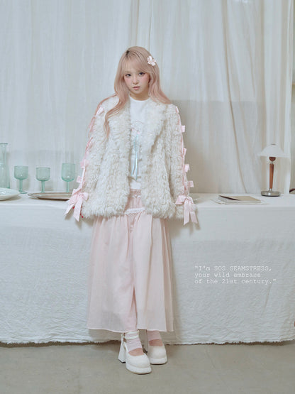 Romantic Ribbon Snowy Fur Coat