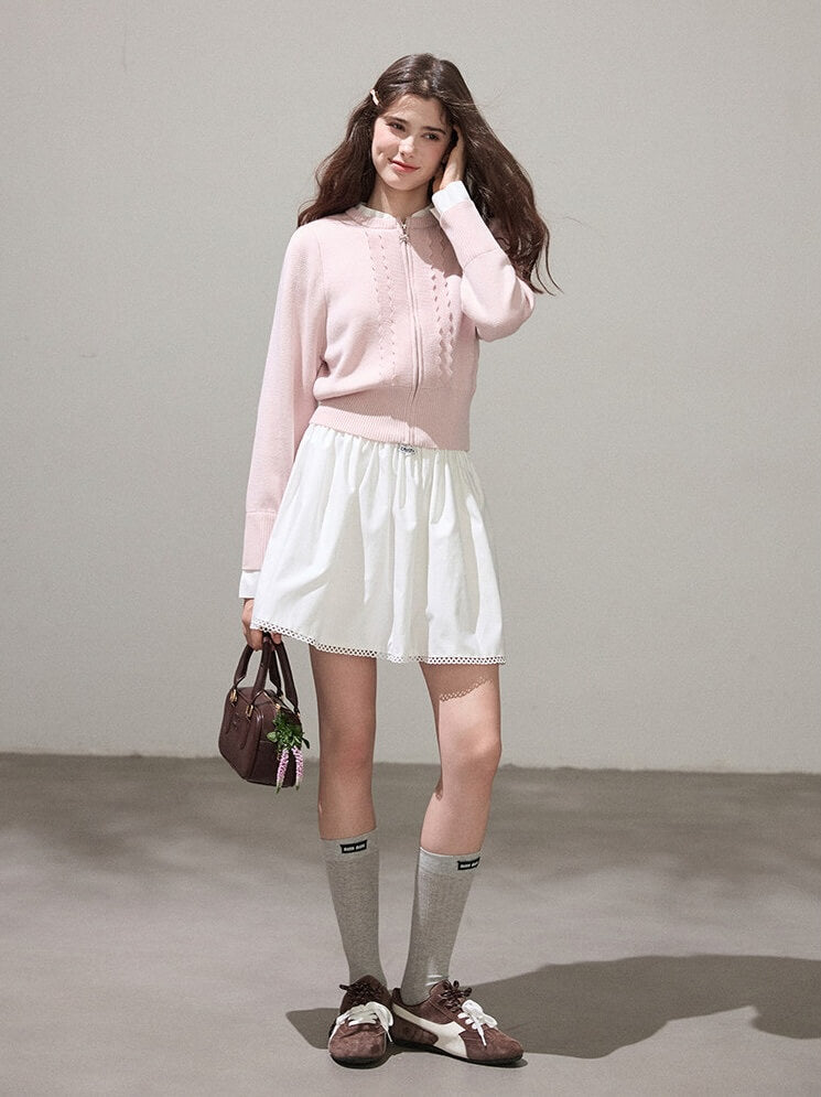 Refined Lace-Line Zip Knit Cardigan