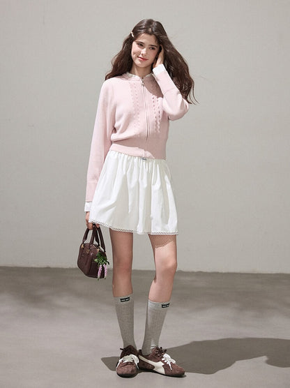 Refined Lace-Line Zip Knit Cardigan