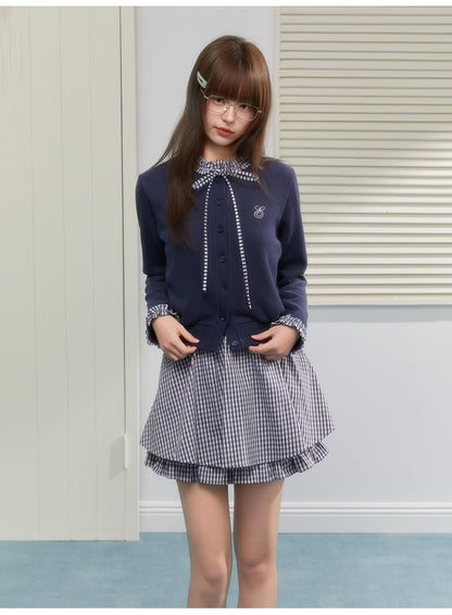 Gingham Ribbon Collar Knit Cardigan（全2色）