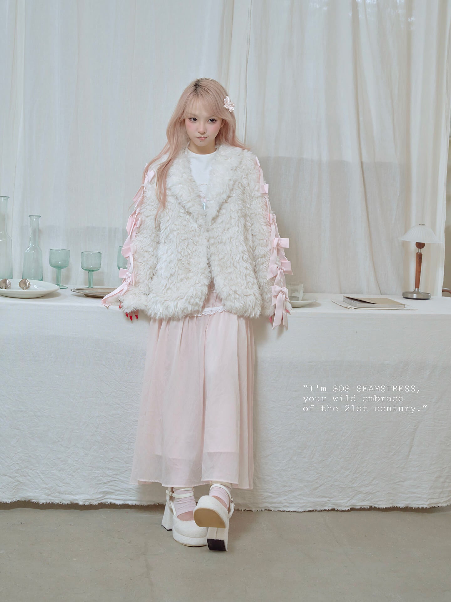 Romantic Ribbon Snowy Fur Coat