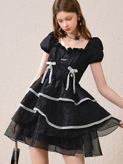 Silver Plate & Back Ribbon Tiered Dress（全2色）