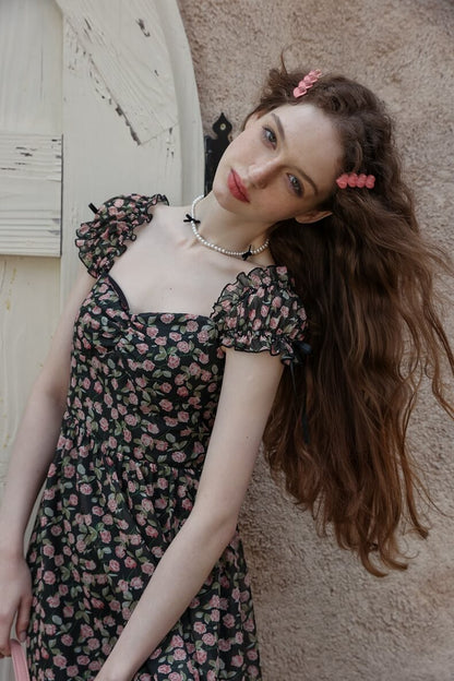 Classical Rose Puff Sleeve Black Dress