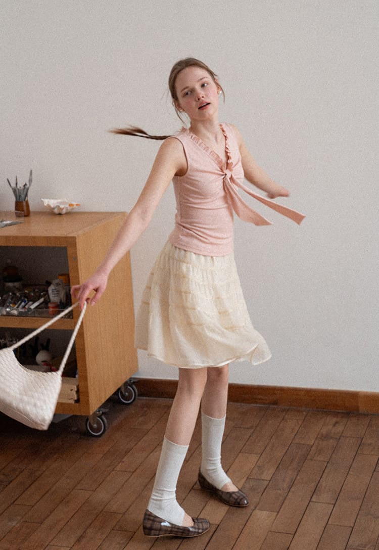 Elegant Ribbon Tie Ribbed Sleeveless Top