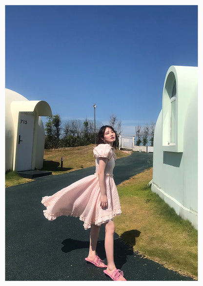 Ribbon Shirring Puffy Dress