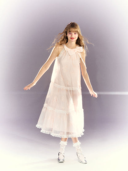 Frill lace sheer ribbon tiered dress