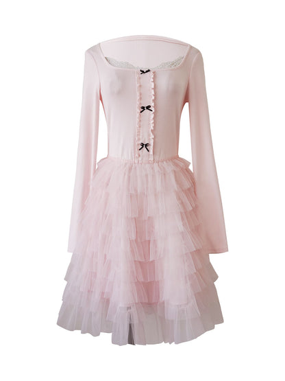 Elegant Lace Trim Ribbon Tulle Dress