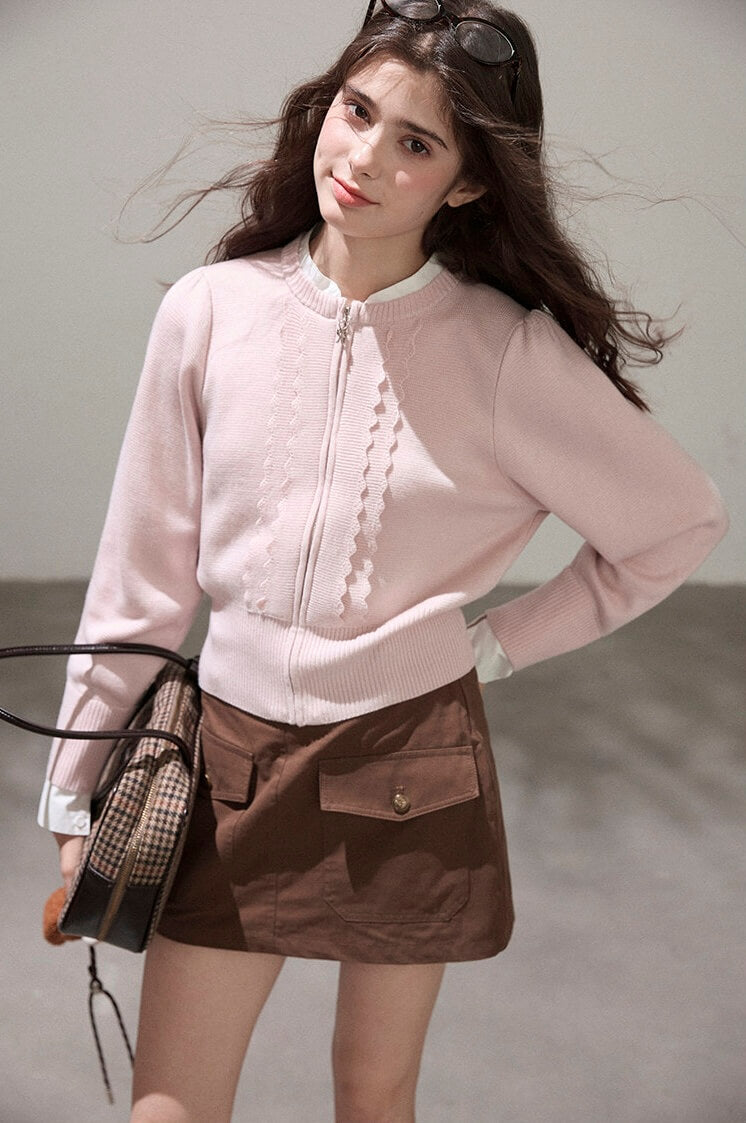 Refined Lace-Line Zip Knit Cardigan