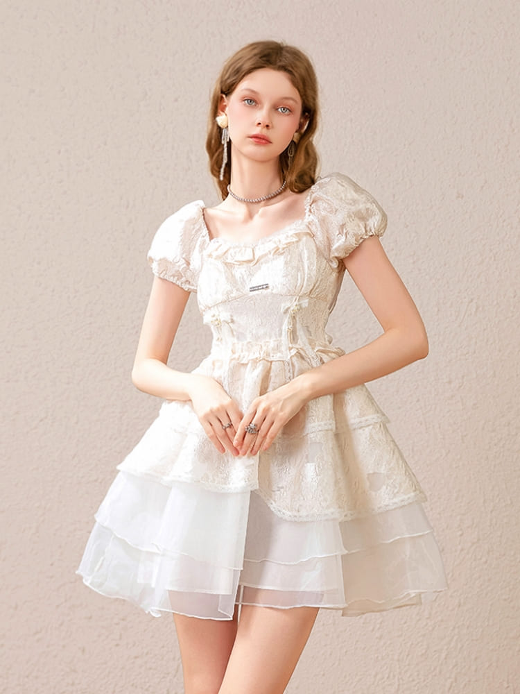Silver Plate & Back Ribbon Tiered Dress（全2色）
