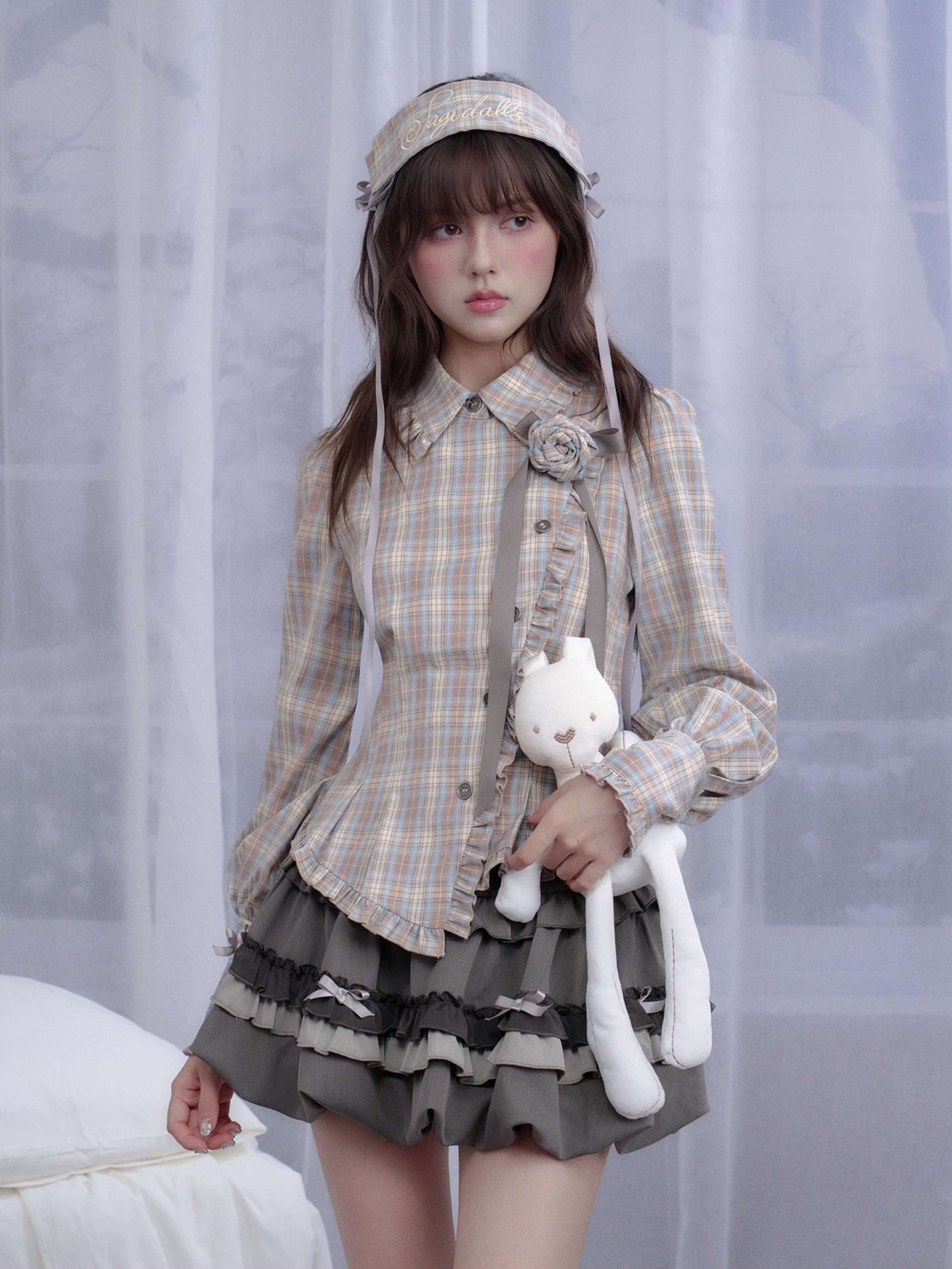 Elegant Plaid Frill Tailored Blouse