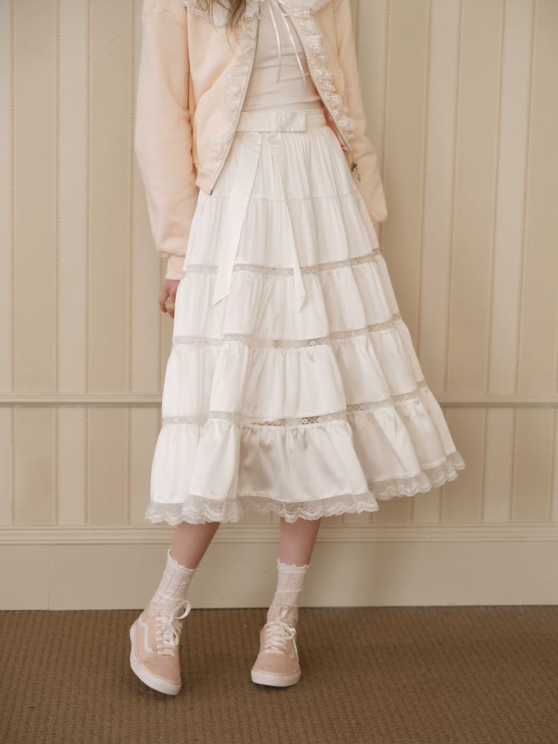 Elegant Lace Flare Satin Skirt