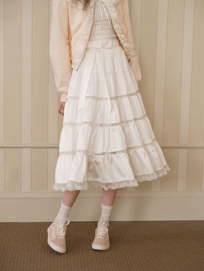 Elegant Lace Flare Satin Skirt