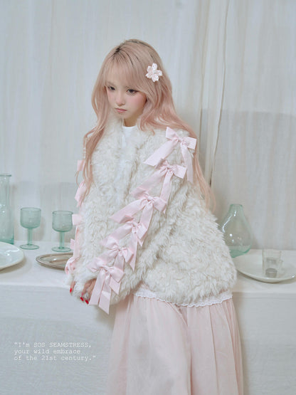 Romantic Ribbon Snowy Fur Coat