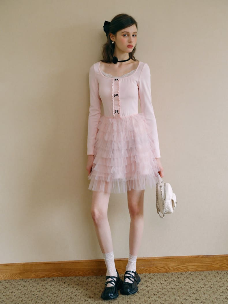 Elegant Lace Trim Ribbon Tulle Dress