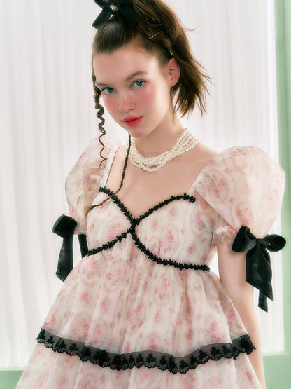 Black lace rose pattern ribbon dress