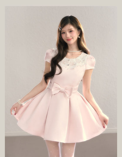Elegant Lace Collar Ribbon Mini Dress