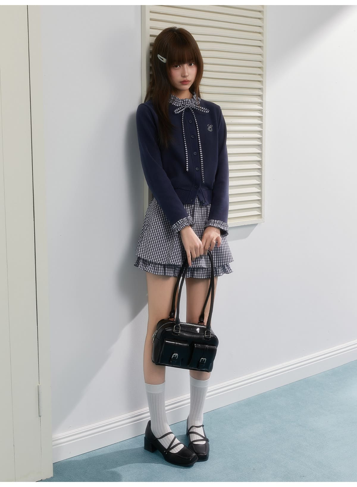 Gingham Ribbon Collar Knit Cardigan（全2色）