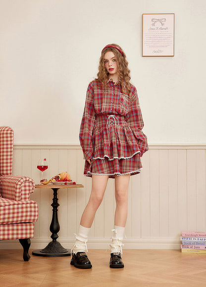 Lace-Up Plaid Tiered Dress