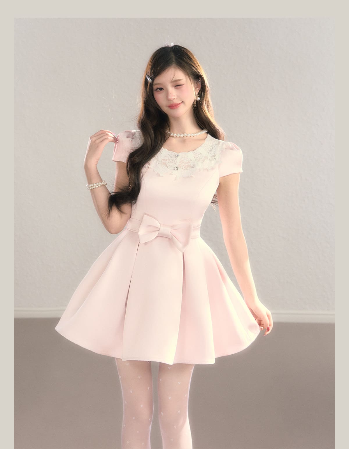 Elegant Lace Collar Ribbon Mini Dress